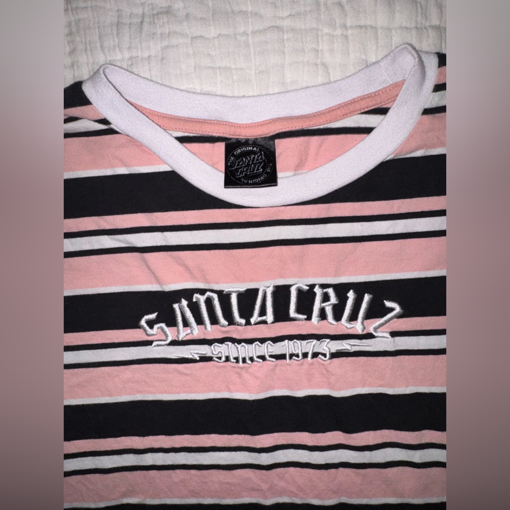 Santa Cruz Skateboards Pink and Black Striped Long Sleeve Tee - SZ Small